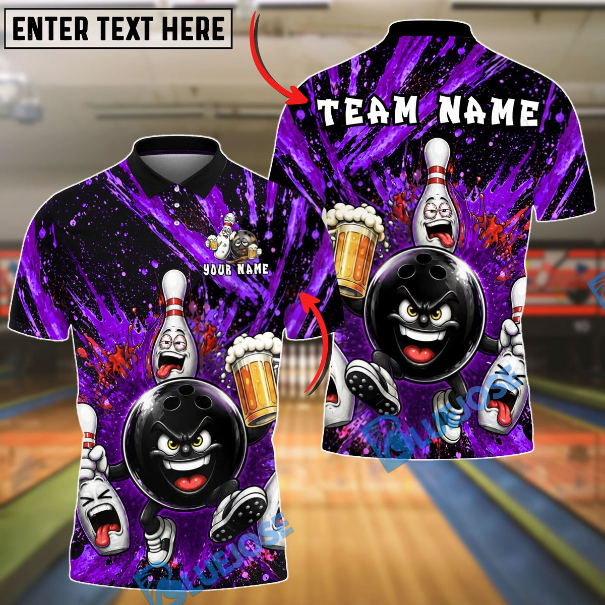 BlueJose Bowling And Pins Drunk Beer Splash Graphic Customized Name, Team Name 3D Shirt (4 Colors)