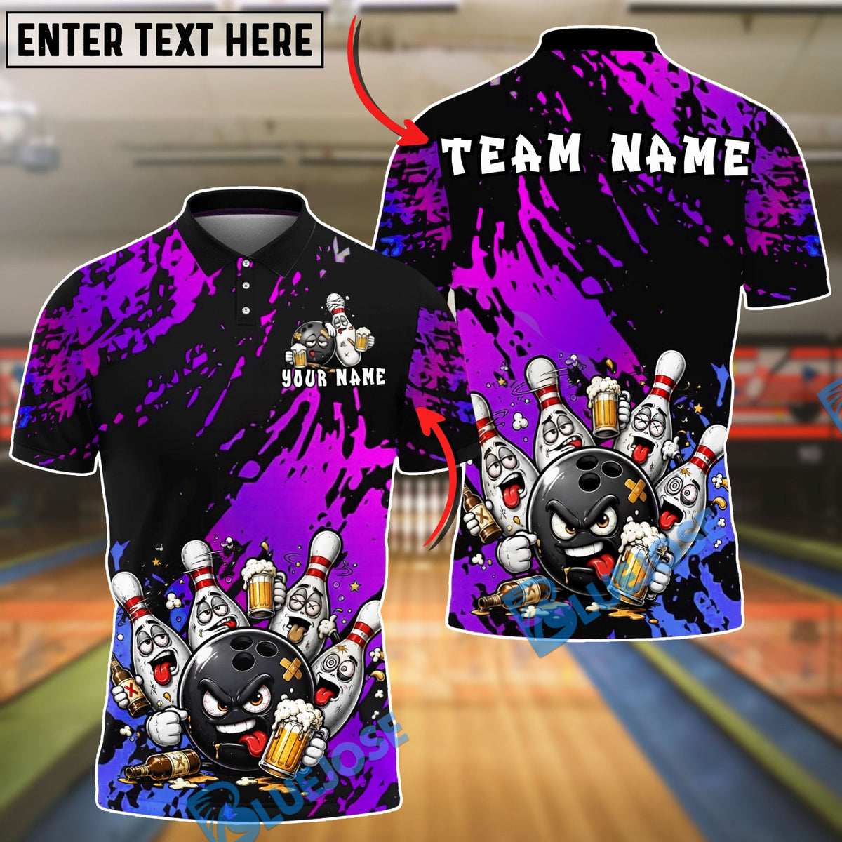 BlueJose Bowling And Pins Angry Ball Beer Party Customized Name, Team Name 3D Shirt (4 Colors)