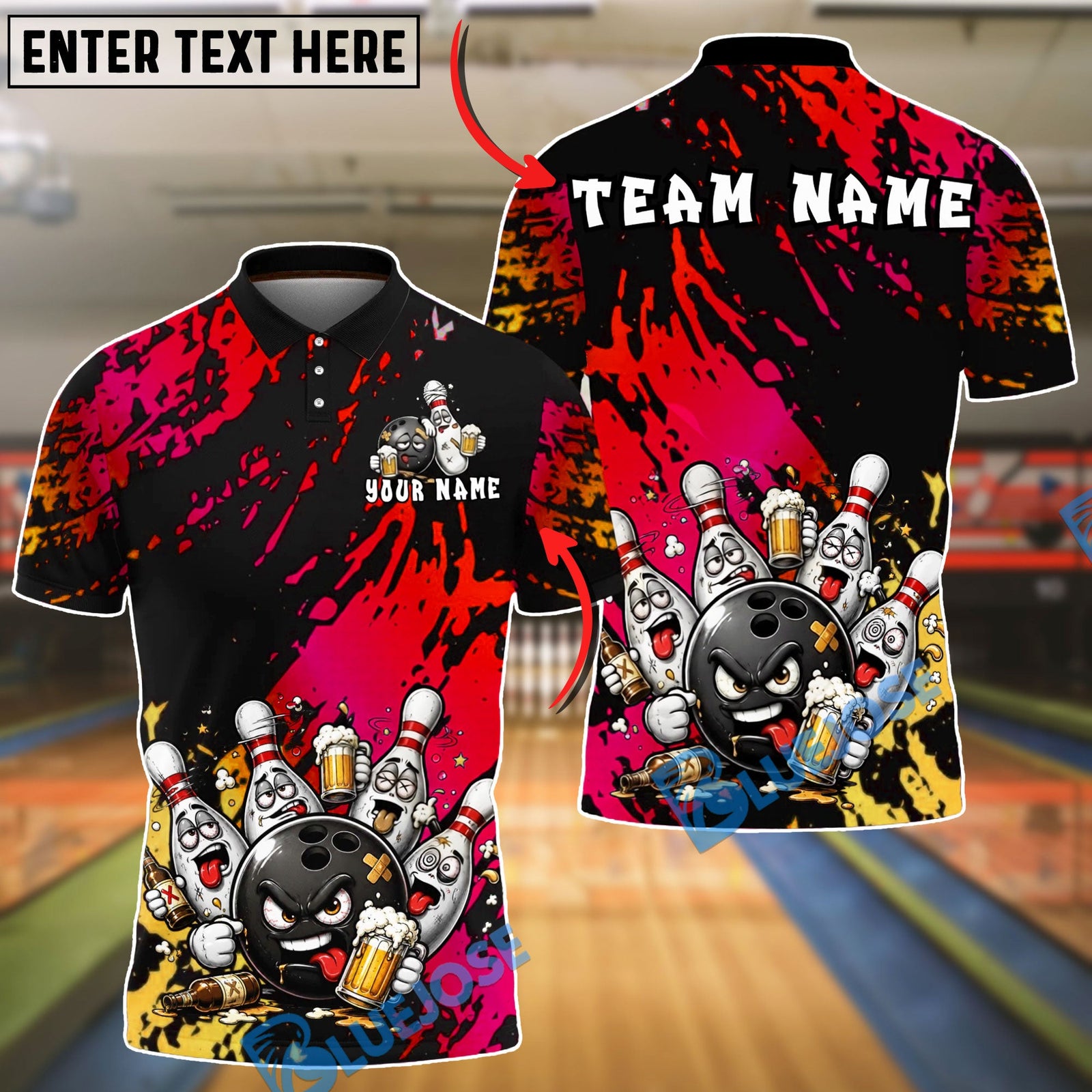 BlueJose Bowling And Pins Angry Ball Beer Party Customized Name, Team Name 3D Shirt (4 Colors)