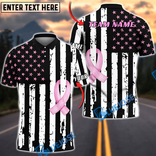 BlueJose Breast Cancer Awareness Black White Pink Ribbon American Flag Personalized Shirt