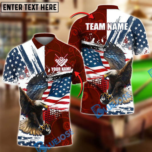 BlueJose Billiards 8-Ball Eagle American Flag Firework Pattern Personalized Name Shirt (4 Colors)