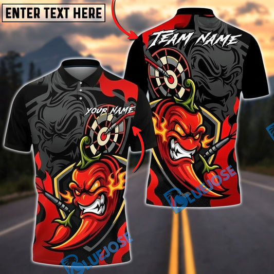 BlueJose Darts Angry Chili Flame Target Design Personalized Name, Team Name Unisex Shirt (4 Colors)