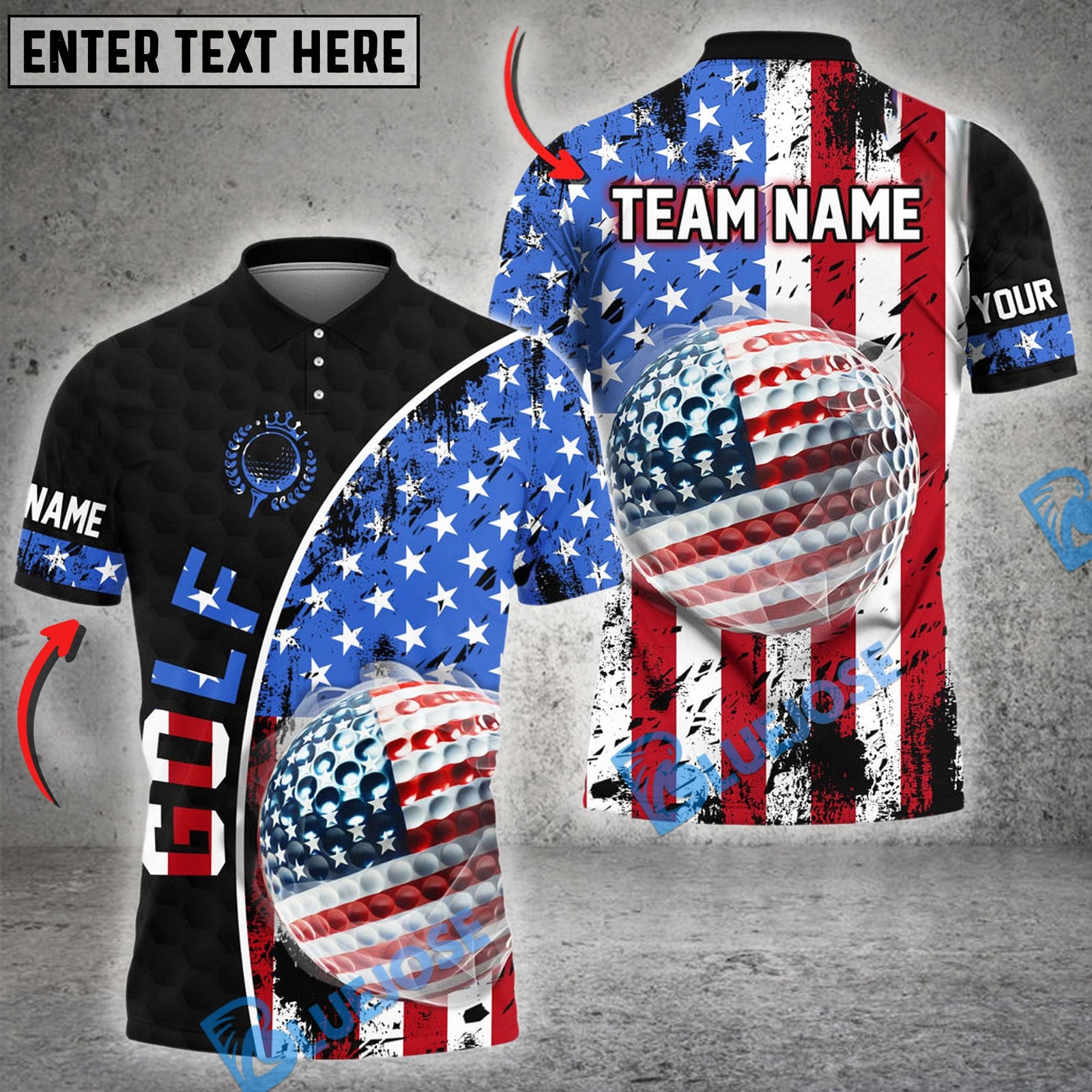 BlueJose Golf Patriotic American Flag Personalized Name, Team Name 3D Shirt