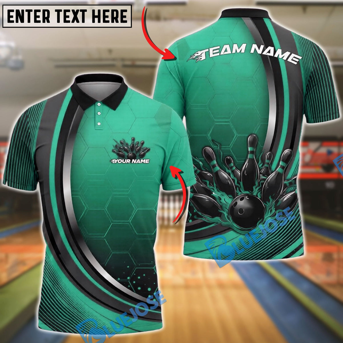 BlueJose Bowling And Pins Modern Strike Ball Motion Graphic Customized Name, Team Name 3D Shirt (4 Colors)