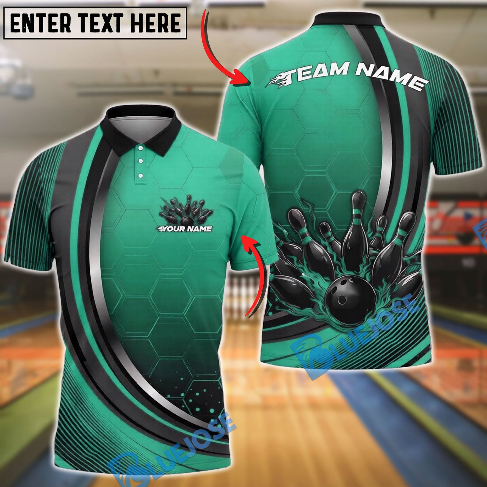 BlueJose Bowling And Pins Modern Strike Ball Motion Graphic Customized Name, Team Name 3D Shirt (4 Colors)