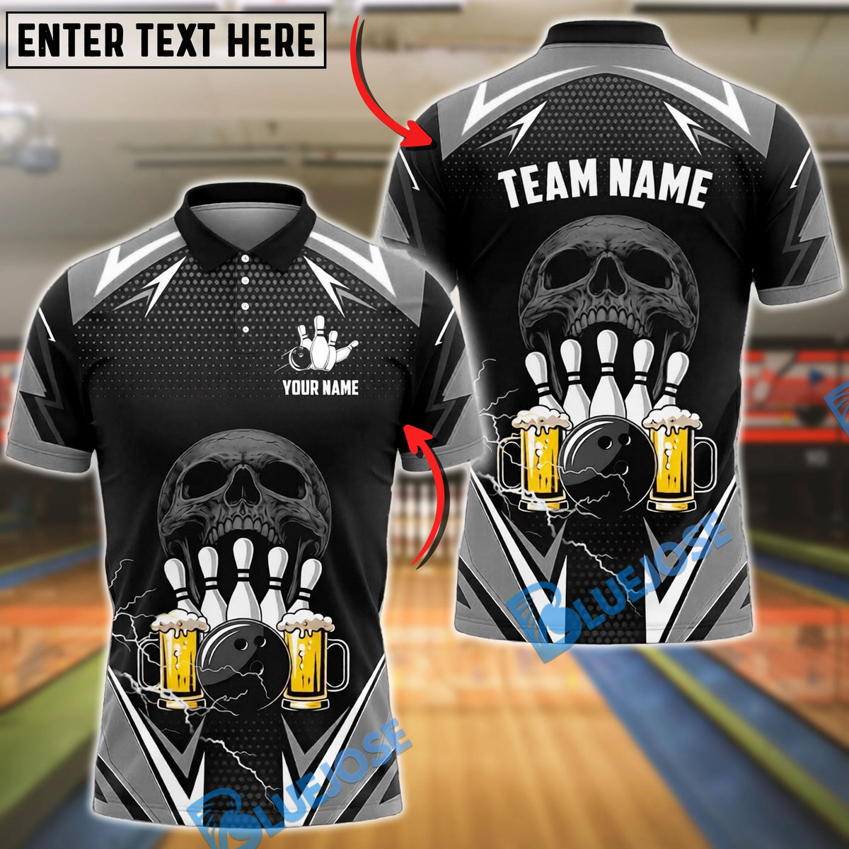 BlueJose Bowling And Pins Skull Beer Lightning Party Graphic Customized Name, Team Name 3D Shirt (6 Colors)