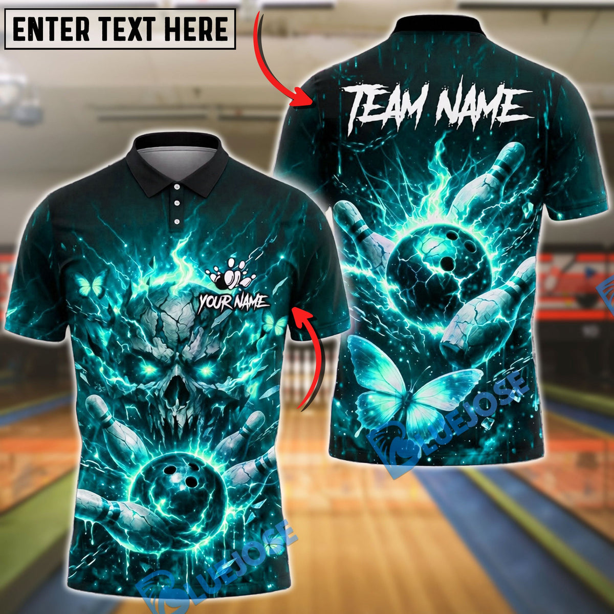 BlueJose Bowling And Pins Electric Skull Lightning Butterfly Fantasy Glow Customized Name, Team Name 3D Shirt (4 Colors)