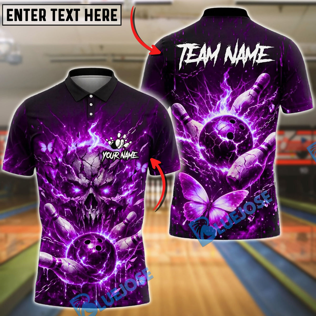 BlueJose Bowling And Pins Electric Skull Lightning Butterfly Fantasy Glow Customized Name, Team Name 3D Shirt (4 Colors)