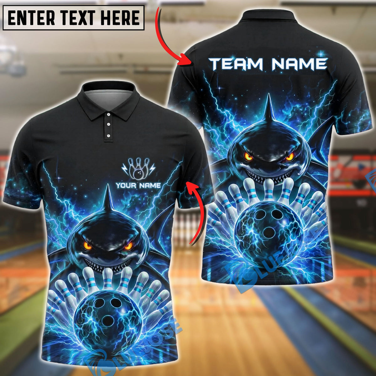 BlueJose Bowling And Pins Electric Shark Strike Lightning Energy Design Customized Name, Team Name 3D Shirt (4 Colors)