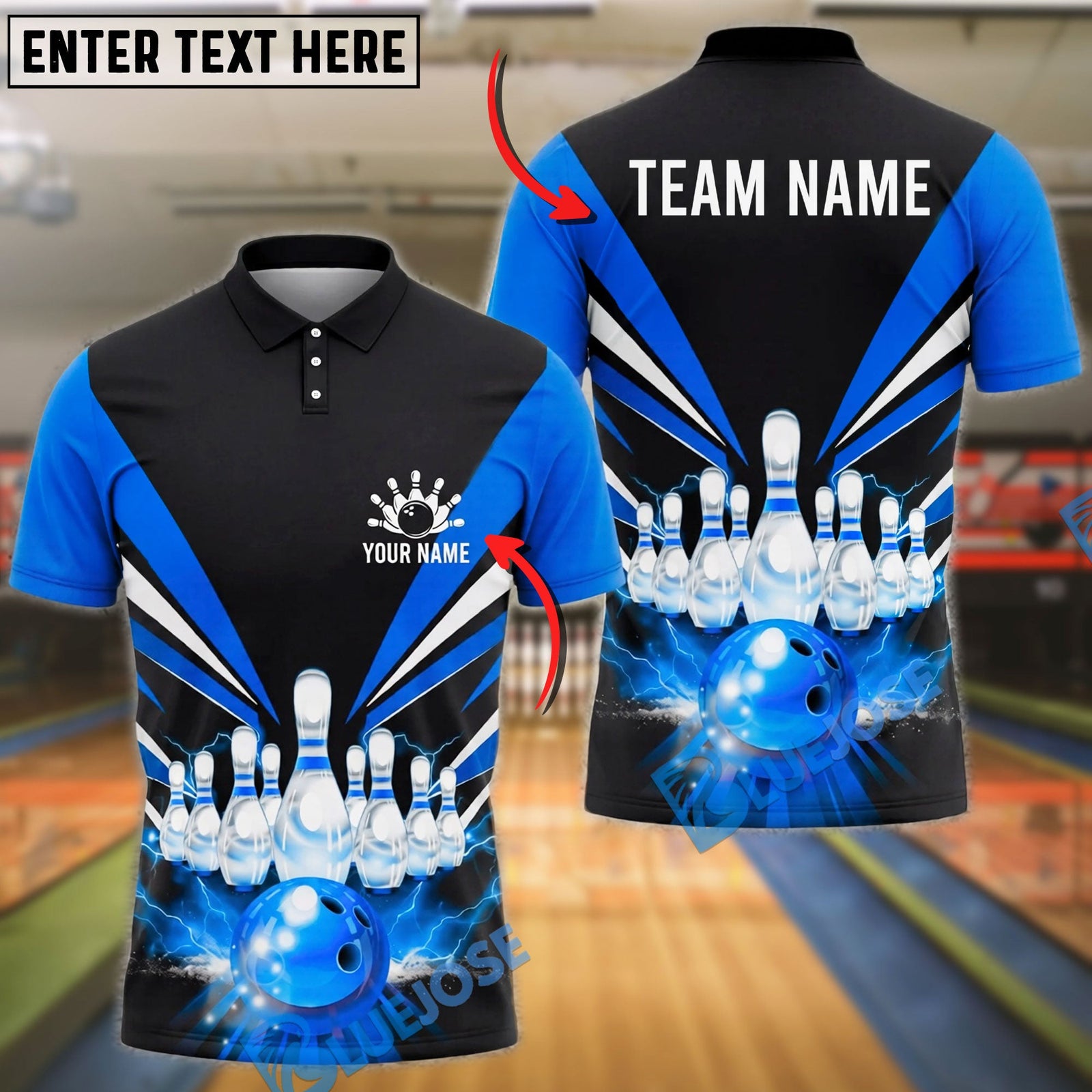 BlueJose Bowling And Pins Black Strike Pins Lightning Motion Graphic Customized Name, Team Name 3D Shirt (4 Colors)