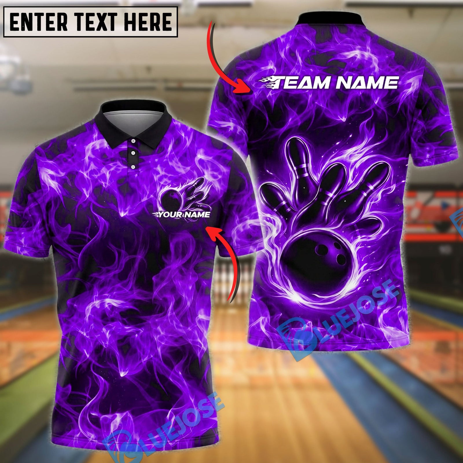 BlueJose Bowling And Pins Fire Smoke Strike Pins Dynamic Effect Customized Name, Team Name 3D Shirt (4 Colors)