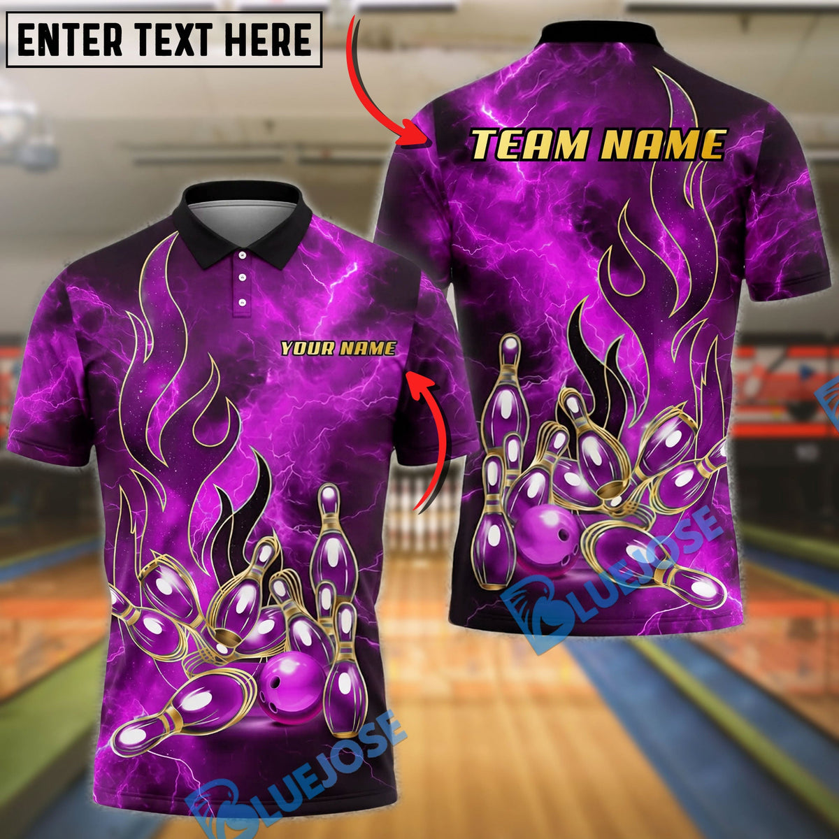 BlueJose Bowling And Pins Lightning Strike Pins Energy Flame Design Customized Name, Team Name 3D Shirt (4 Colors)