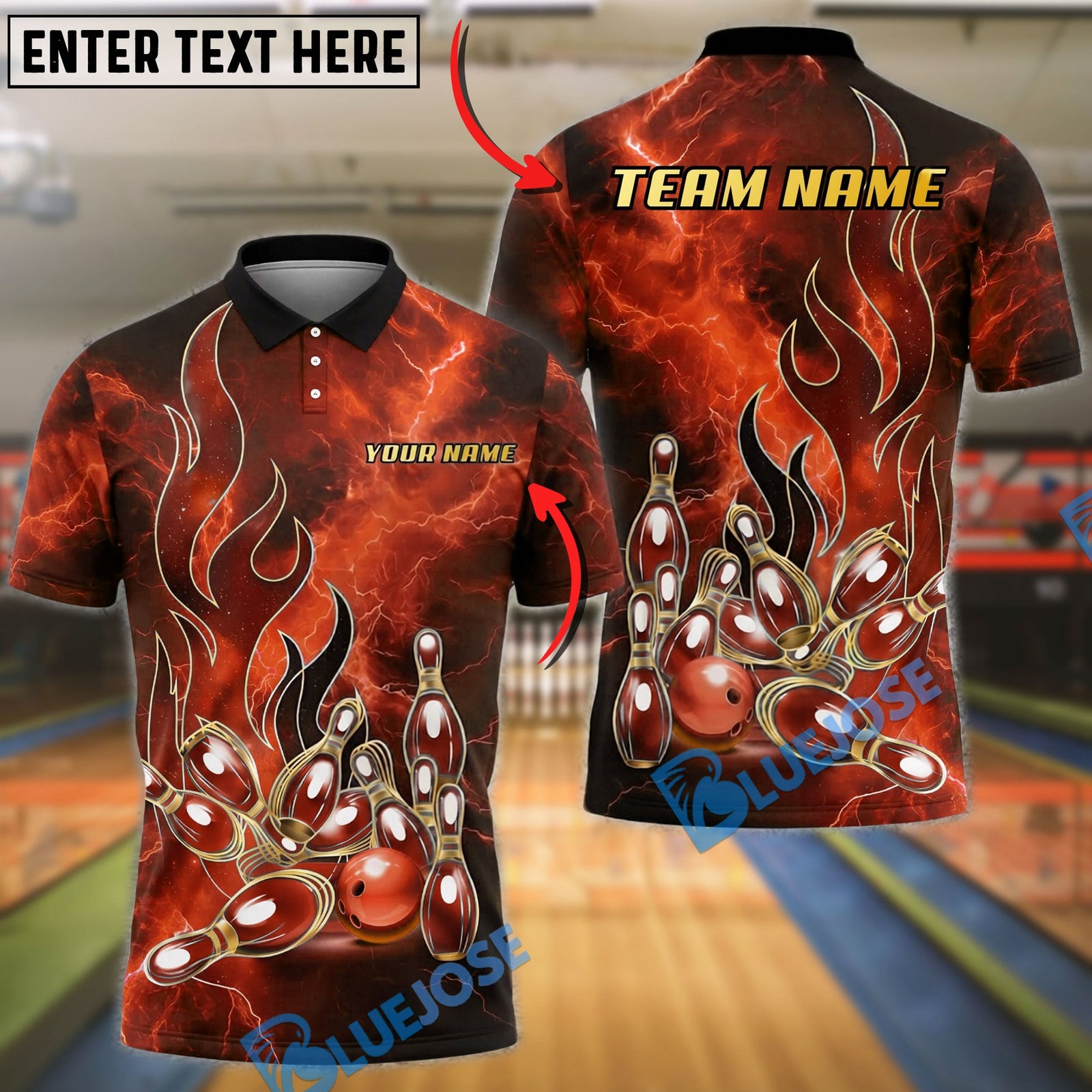 BlueJose Bowling And Pins Lightning Strike Pins Energy Flame Design Customized Name, Team Name 3D Shirt (4 Colors)