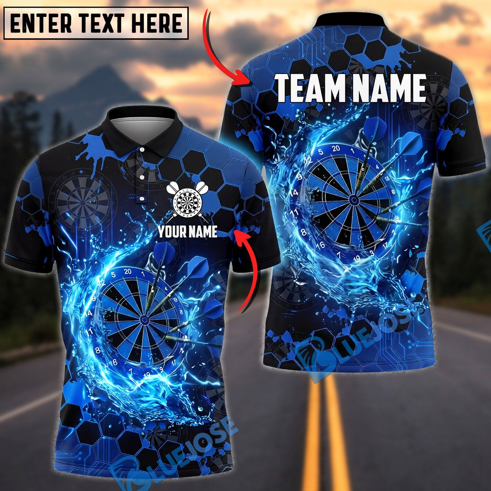 BlueJose Darts Dartboard Splash Water Effect Design Personalized Name, Team Name Unisex Shirt (4 Colors)