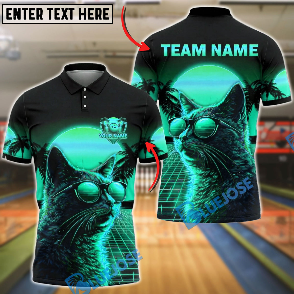 BlueJose Bowling And Pins Neon Cat Synthwave Grid Aesthetic Customized Name, Team Name 3D Shirt (4 Colors)