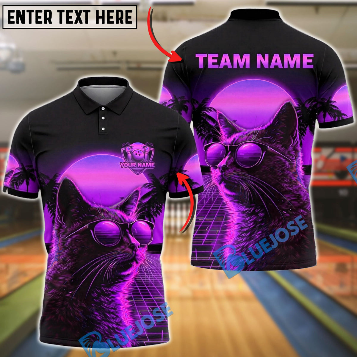 BlueJose Bowling And Pins Neon Cat Synthwave Grid Aesthetic Customized Name, Team Name 3D Shirt (4 Colors)