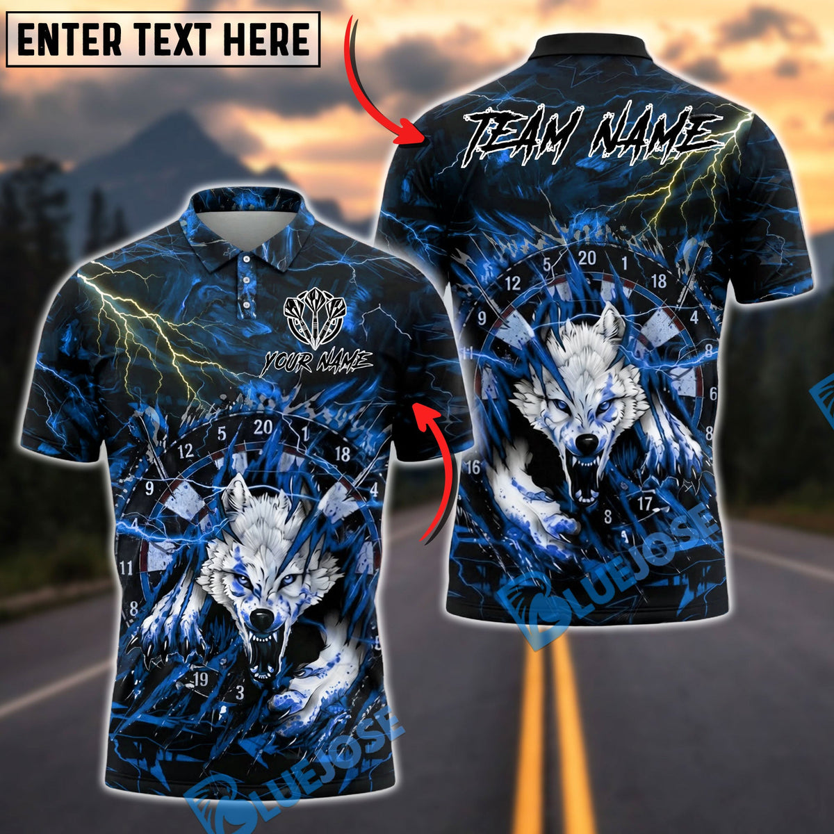 BlueJose Darts Wolf Attack Lightning Dartboard Aggressive Graphic Personalized Name, Team Name Unisex Shirt (4 Colors)