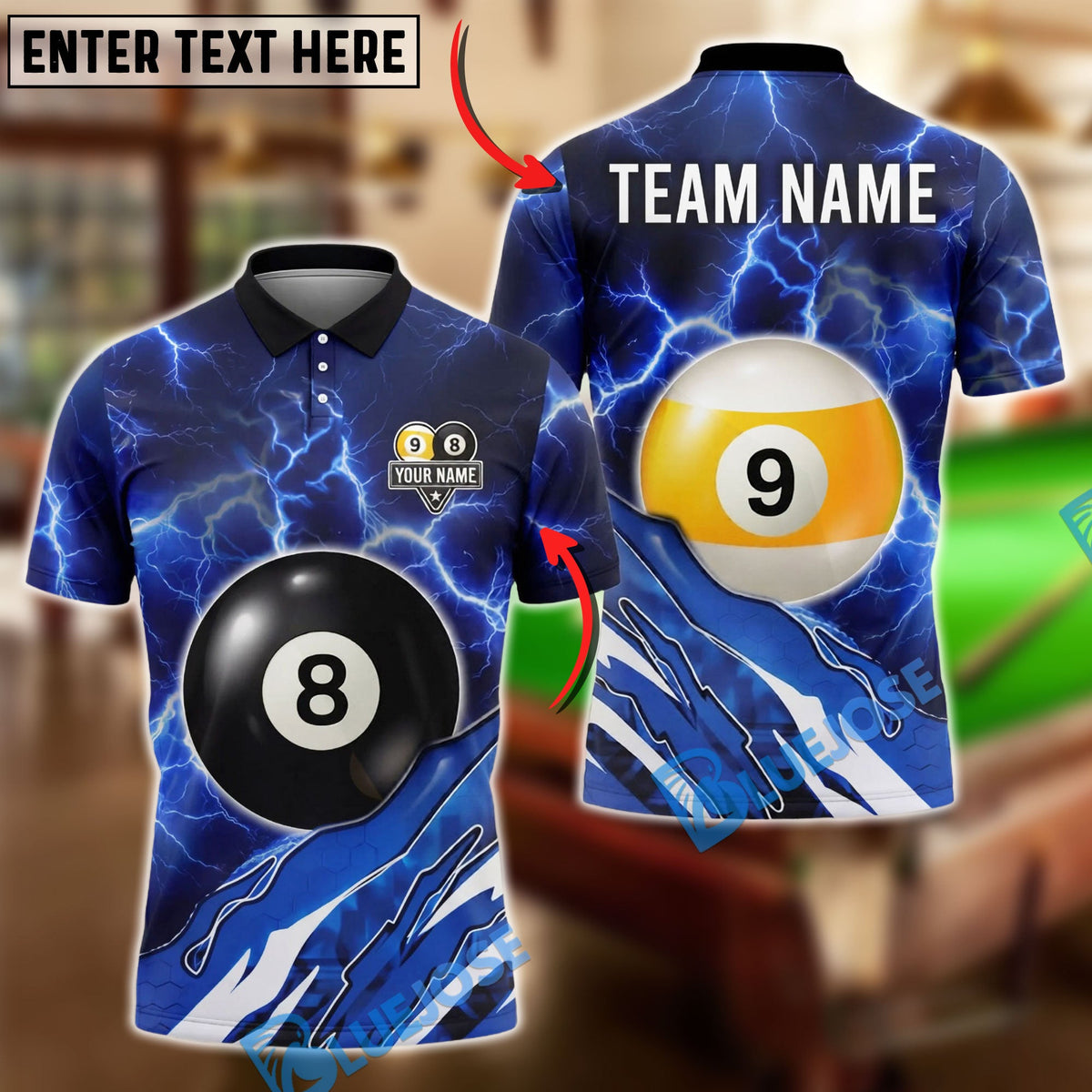 BlueJose Billiards Ball 8&amp;9 Lightning Pool Electric Storm Graphic Customized Name, Team Name 3D Shirt (6 Colors)