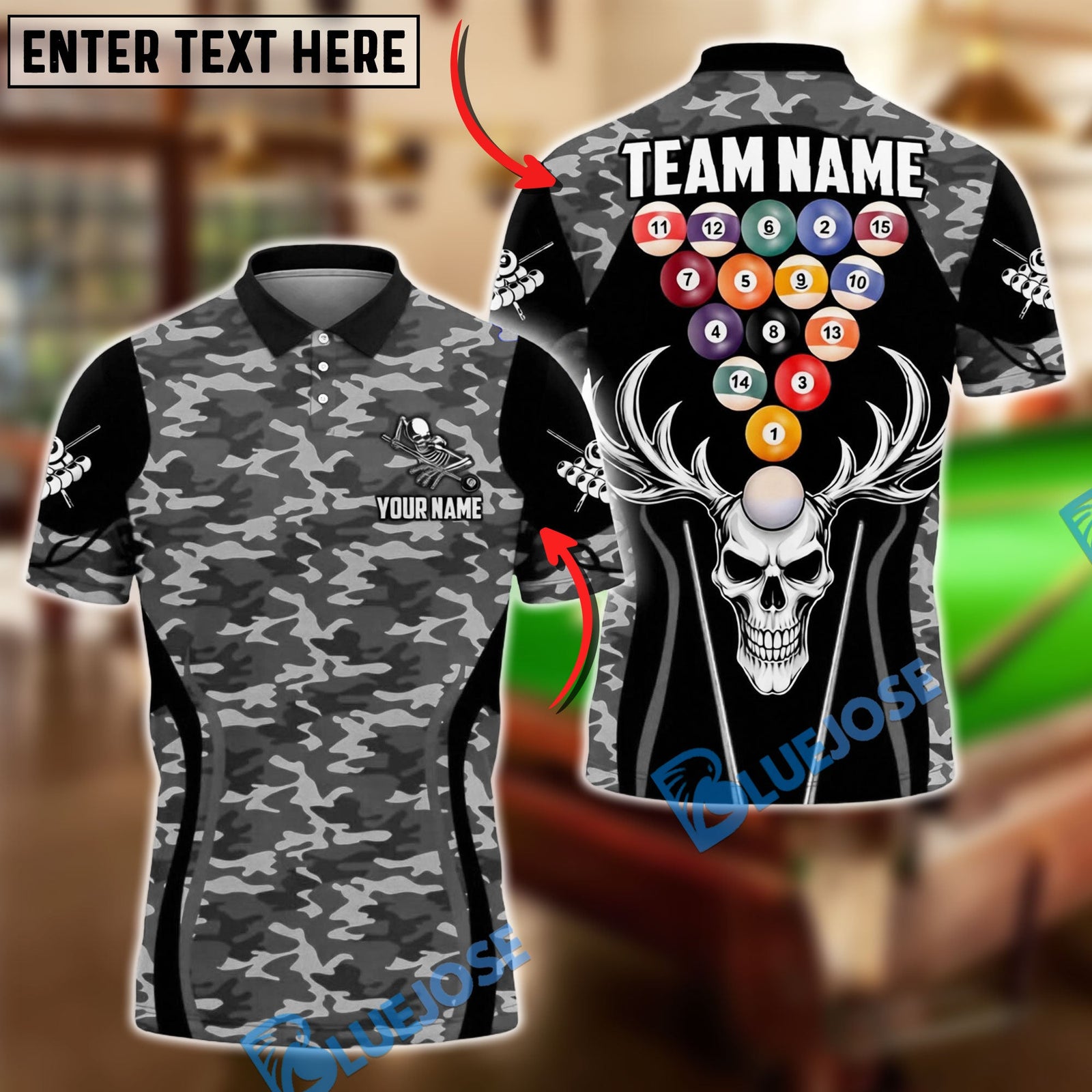 BlueJose Billiards Ball 8 Camo Skull Rack Balls Dark Gothic Graphic Customized Name, Team Name 3D Shirt (6 Colors)