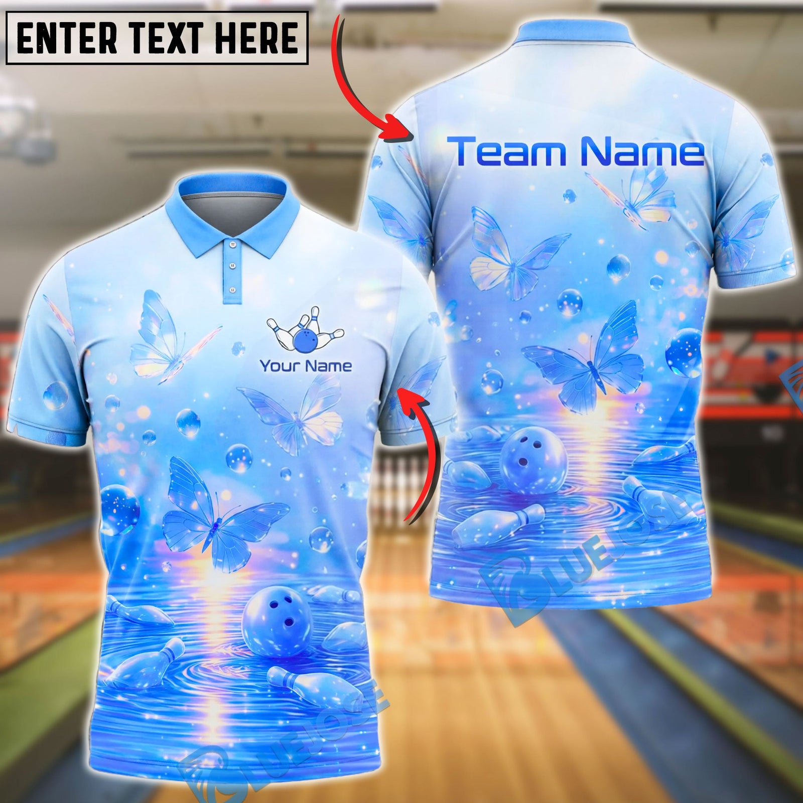 BlueJose Bowling And Pins Butterfly Dream Pastel Fantasy Glow Design Customized Name, Team Name 3D Shirt (4 Colors)