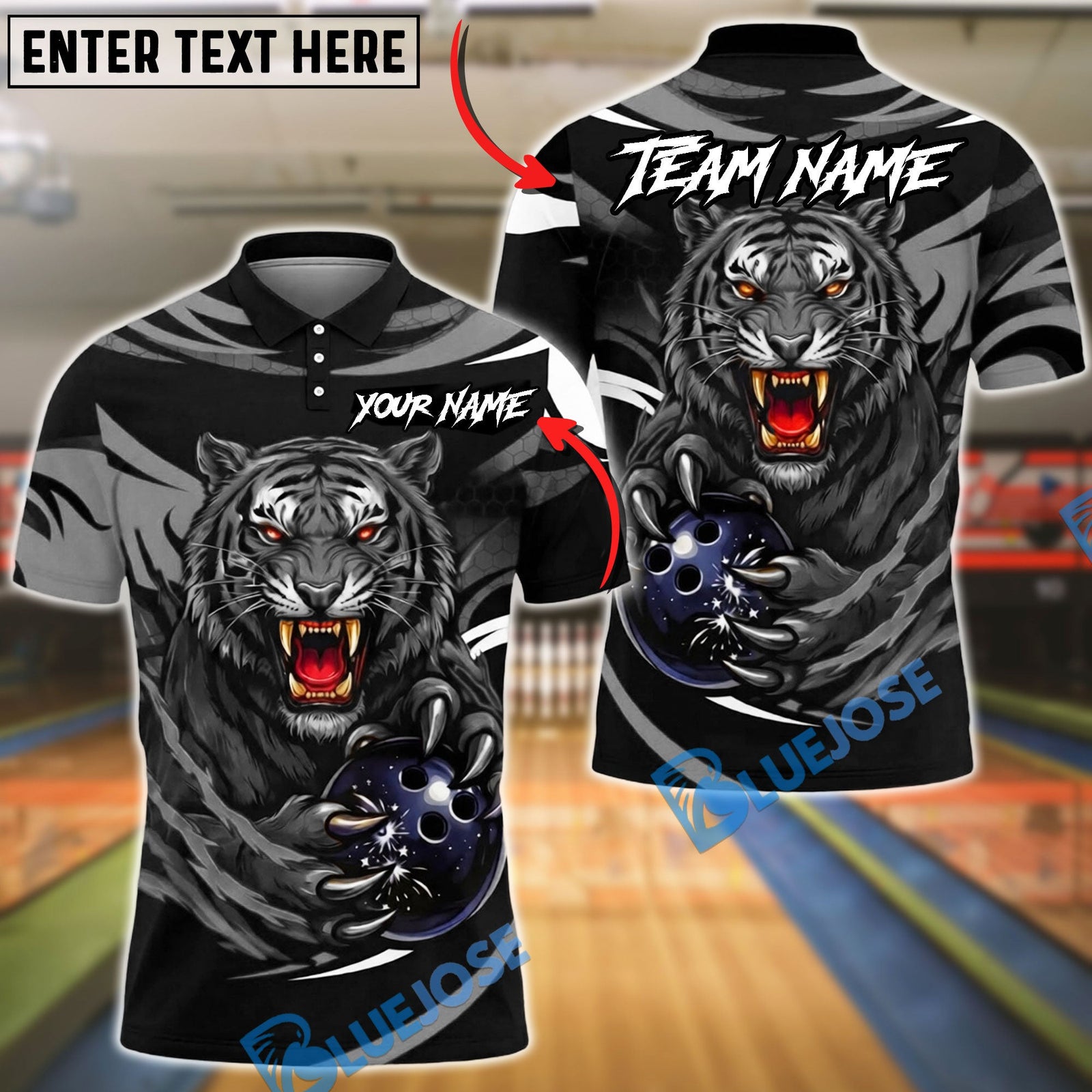 BlueJose Bowling And Pins Fierce Tiger Strike Ball Power Claw Graphic Customized Name, Team Name 3D Shirt (6 Colors)