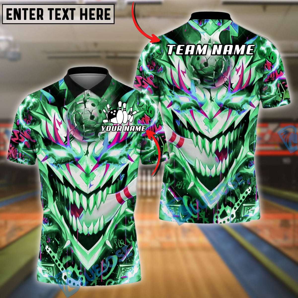 BlueJose Bowling And Pins Neon Joker Skull Graffiti Strike Ball Chaos Customized Name, Team Name 3D Shirt (4 Colors)