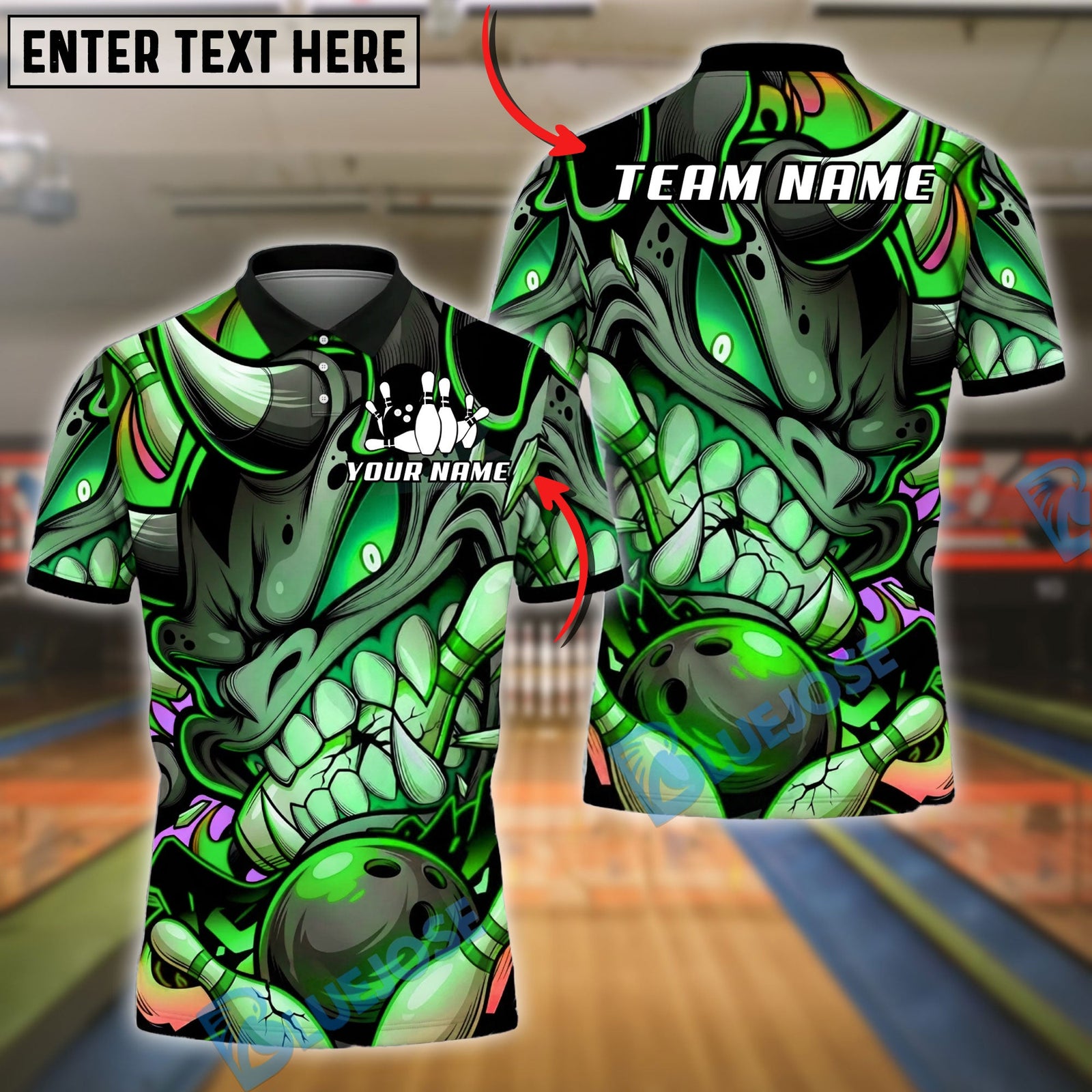 BlueJose Bowling And Pins Graffiti Monster Face Bowling Ball Smash Art Customized Name, Team Name 3D Shirt (4 Colors)