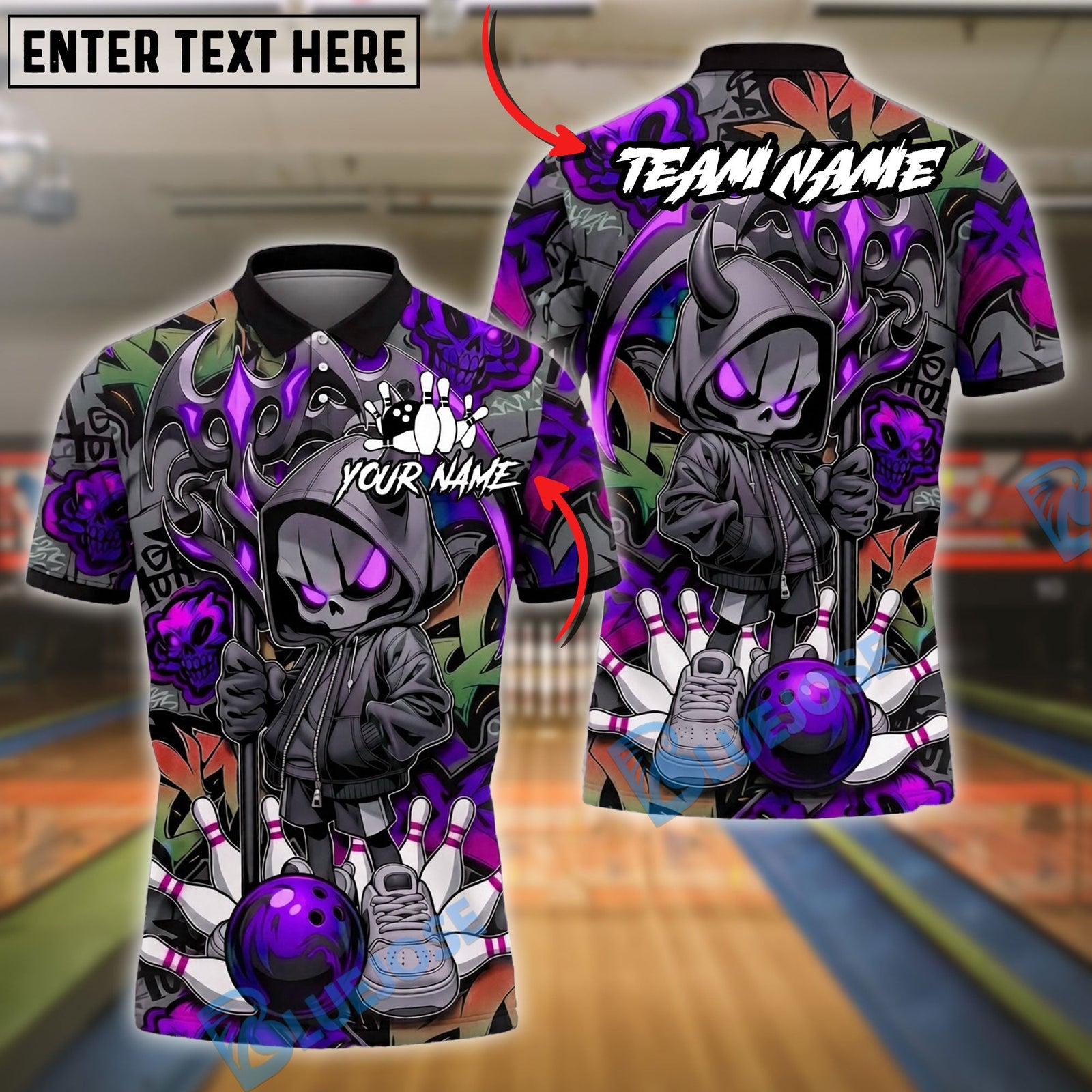 BlueJose Bowling And Pins Grim Reaper Hoodie Street Art Strike Style Customized Name, Team Name 3D Shirt (4 Colors)