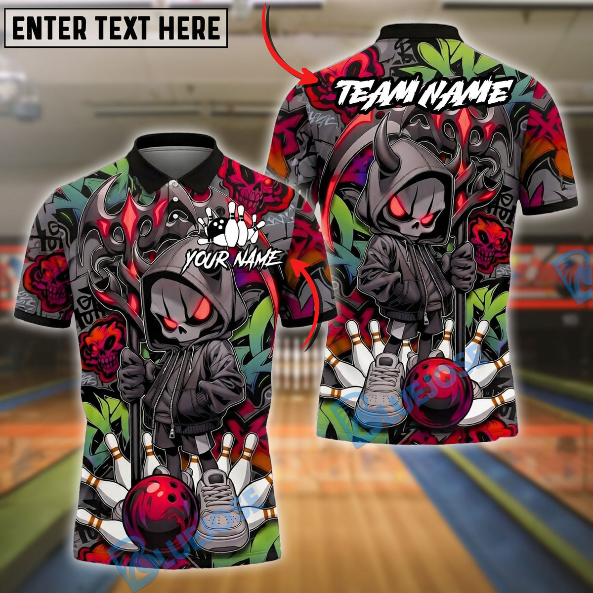BlueJose Bowling And Pins Grim Reaper Hoodie Street Art Strike Style Customized Name, Team Name 3D Shirt (4 Colors)