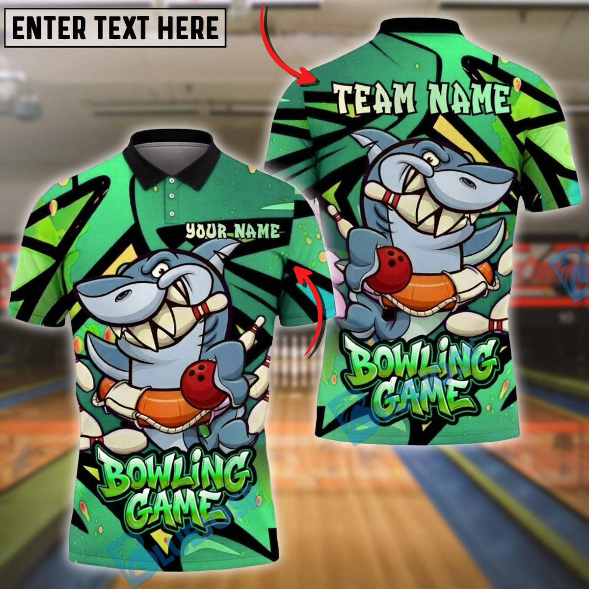 BlueJose Bowling And Pins Cartoon Shark Strike Fun Game Graphic Customized Name, Team Name 3D Shirt (4 Colors)
