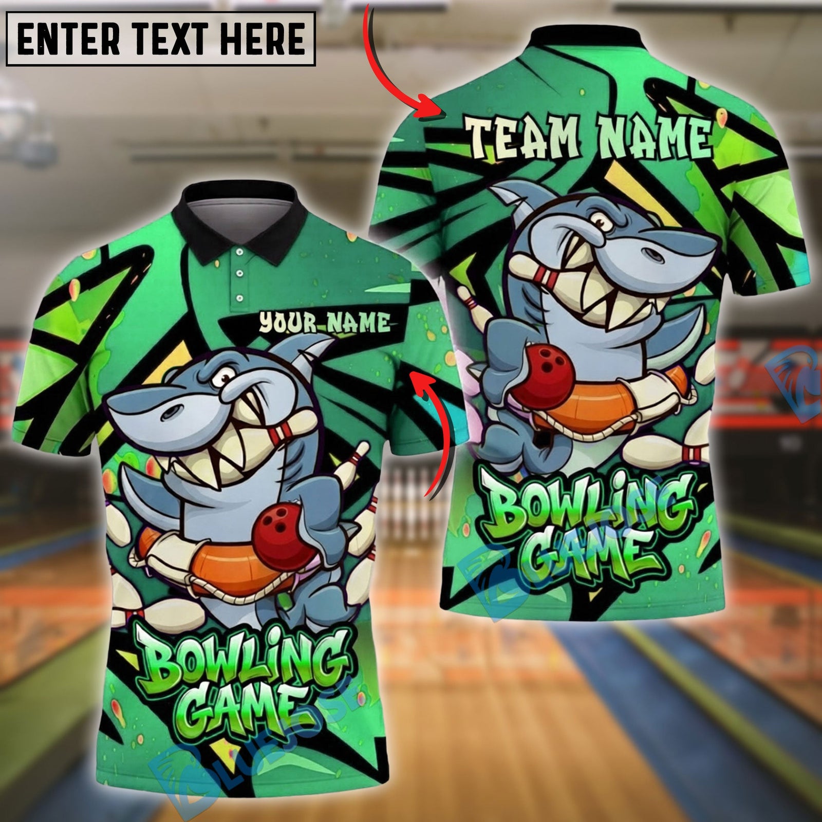 BlueJose Bowling And Pins Cartoon Shark Strike Fun Game Graphic Customized Name, Team Name 3D Shirt (4 Colors)