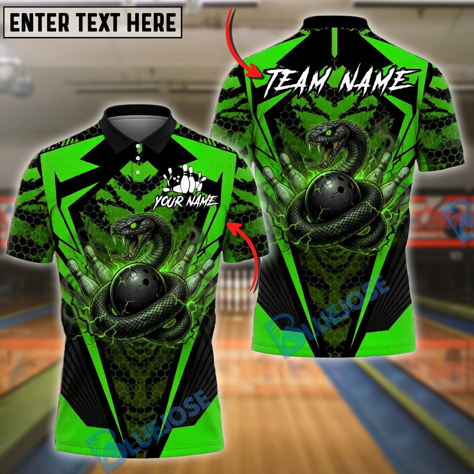 BlueJose Bowling And Pins Snake Strike Ball Lightning Coil Power Graphic Customized Name, Team Name 3D Shirt (4 Colors)
