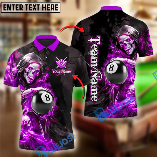 BlueJose Billiards Flame Grim Reaper Holding 8 Ball Personalized Name, Team Name Unisex Shirt (4 Colors)