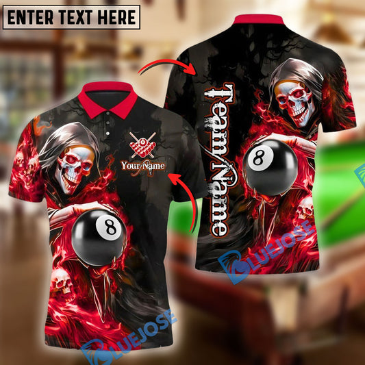 BlueJose Billiards Flame Grim Reaper Holding 8 Ball Personalized Name, Team Name Unisex Shirt (4 Colors)
