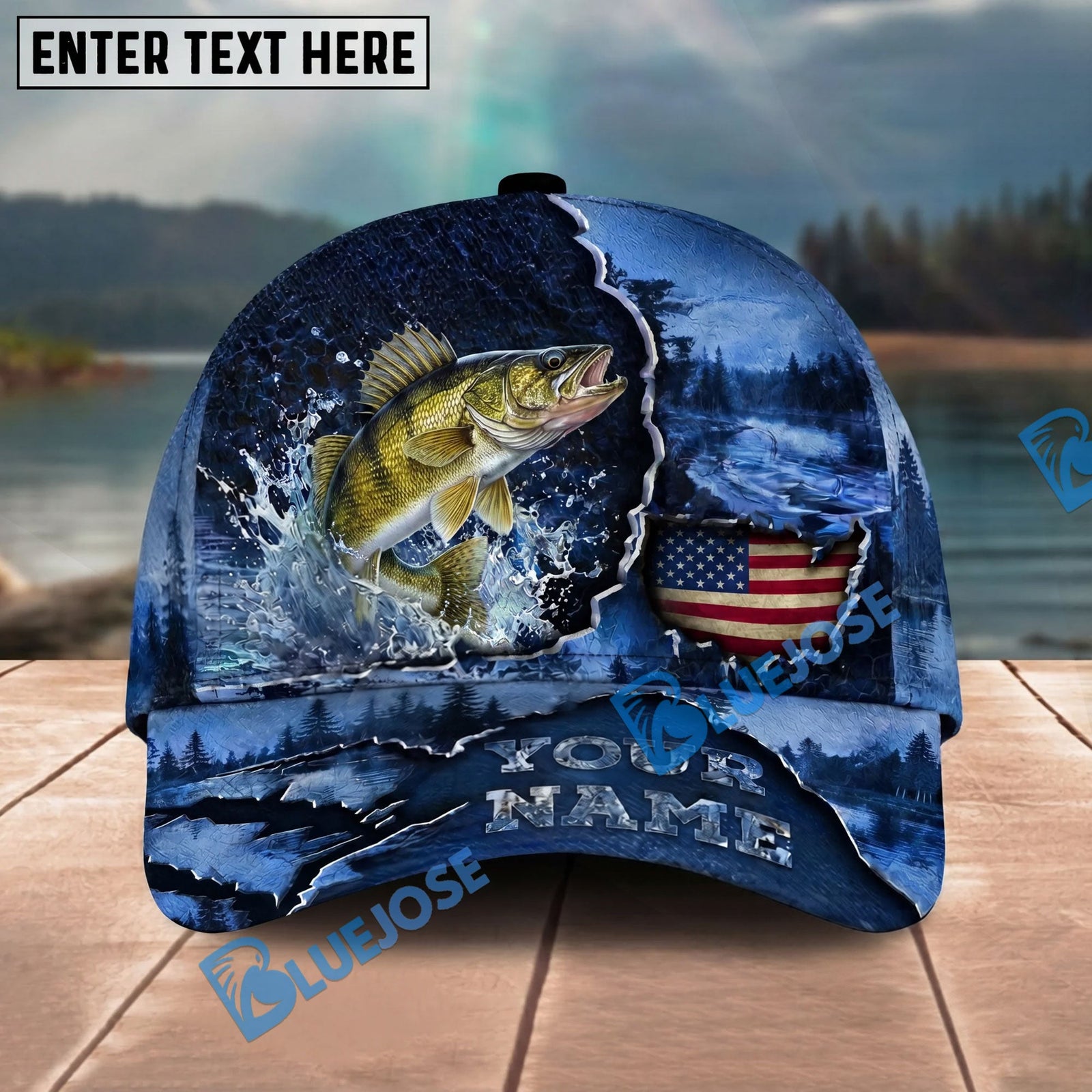 BlueJose Fishing Fishing Midnight Bass Hunter Hooked on Nature Personalized Name Classic 3D Cap Personalized Cap (13 Breeds)