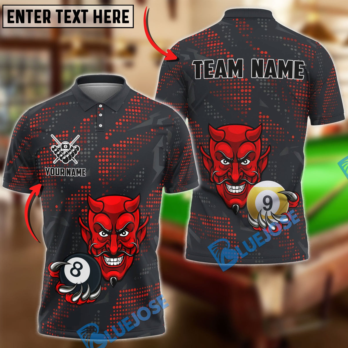 BlueJose Billiards Devil 8 &amp; 9-Ball Design Personalized Name Shirt (4 Colors)