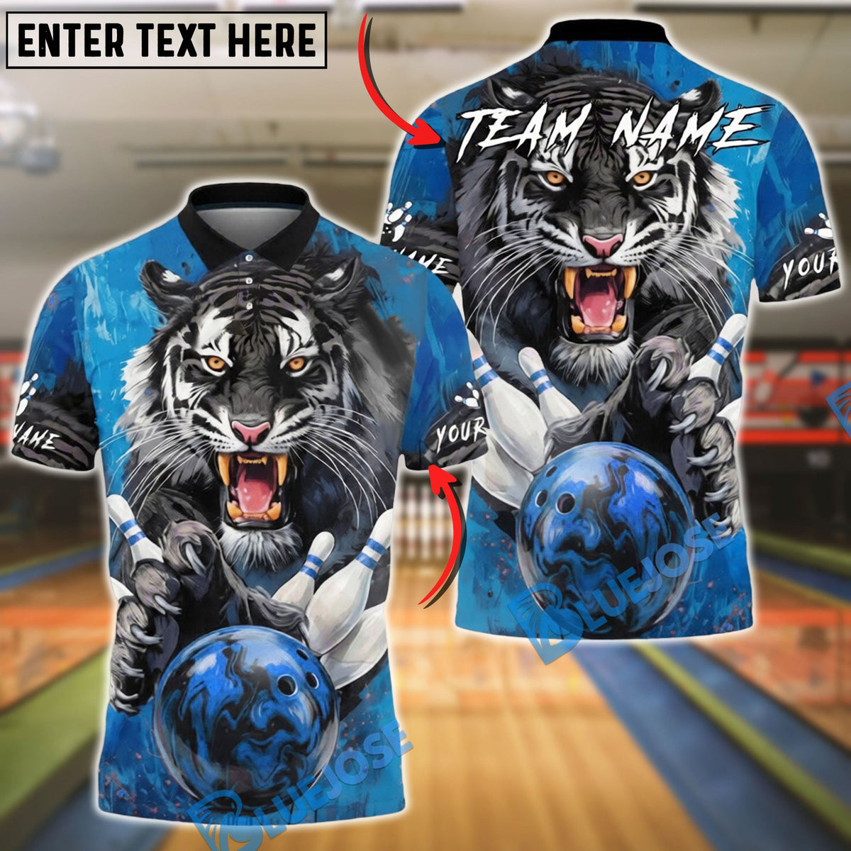 BlueJose Bowling &amp; Pins Fierce Gray Tiger Power  Customized Name, Team Name 3D Shirt (4 Colors)