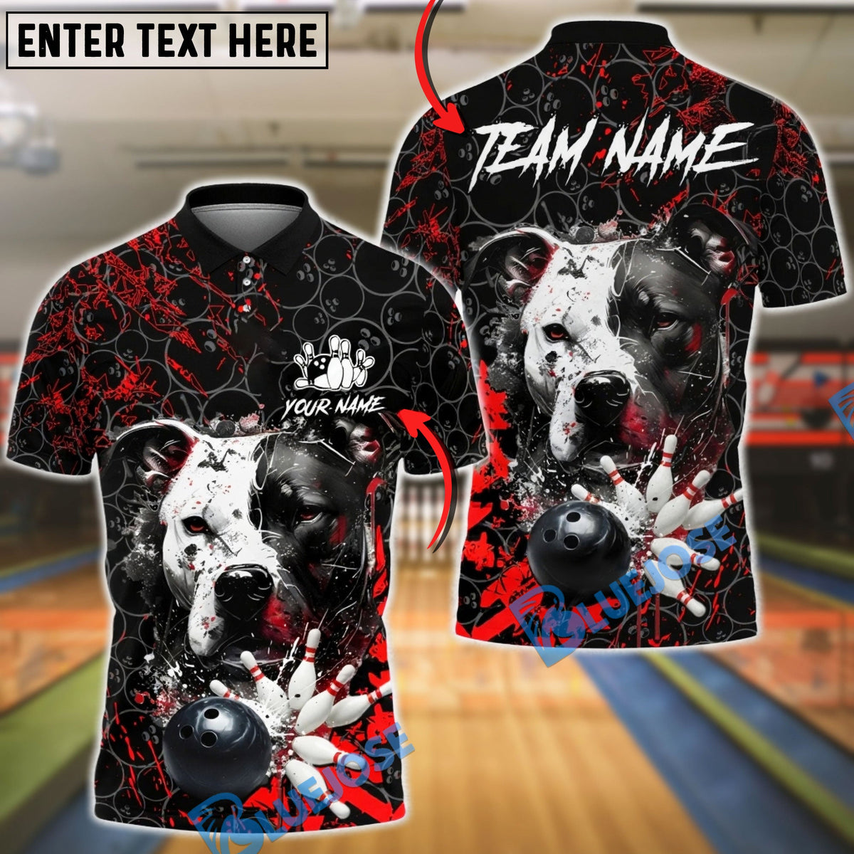 BlueJose Bowling &amp; Pins Pitbull Strike Power Splash Customized Name, Team Name 3D Shirt (4 Colors)