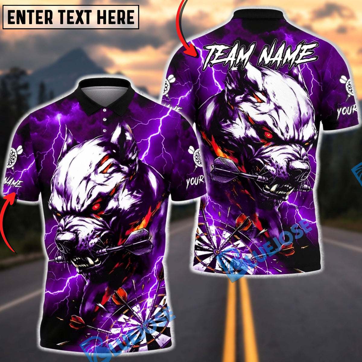 BlueJose Darts Pitbull Lightning Fury Dark Art Multicolor Options Personalized Name Shirt (4 Colors)