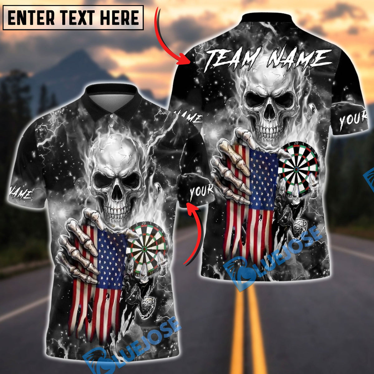 BlueJose Darts American Flag Skull Lightning Dartboard Dark Electric Personalized Name, Team Name Unisex Shirt (6 Colors)