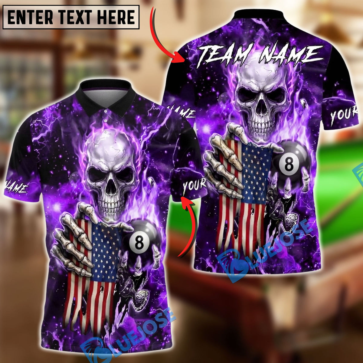 BlueJose Billiards Skull American Flag 8 Ball Dark Lightning Personalized Name Shirt (6 Colors)