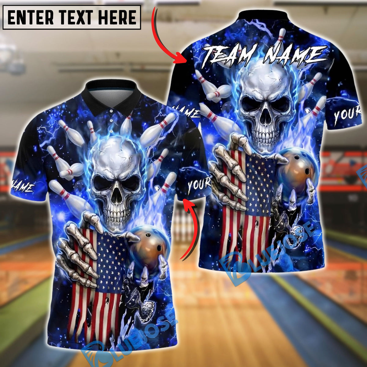 BlueJose Bowling &amp; Pins American Flag Skull Strike Electric Blue Lightning Customized Name, Team Name 3D Shirt (6 Colors)