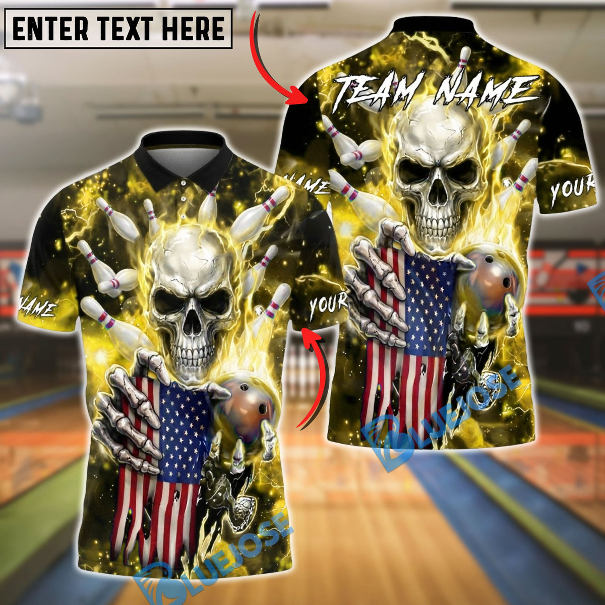BlueJose Bowling & Pins American Flag Skull Strike Electric Blue Lightning Customized Name, Team Name 3D Shirt (6 Colors)