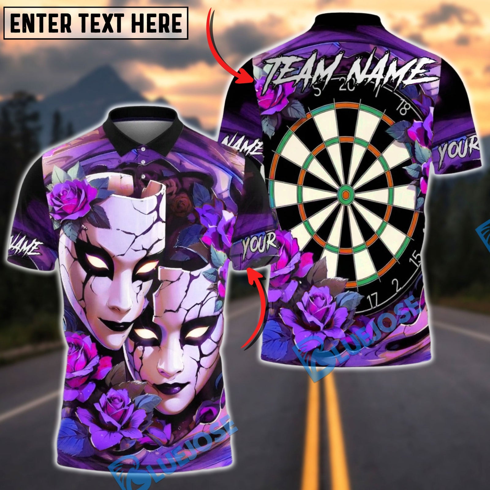 BlueJose Darts Gothic Mask Roses Dartboard Art Multicolor Options Personalized Name Shirt (4 Colors)