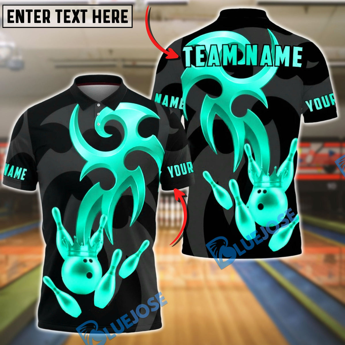 BlueJose Bowling & Pins Golden Crown Strike Emblem Customized Name, Team Name 3D Shirt (6 Colors)