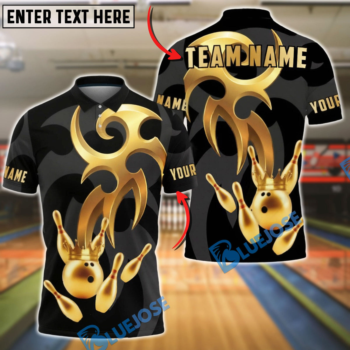 BlueJose Bowling &amp; Pins Golden Crown Strike Emblem Customized Name, Team Name 3D Shirt (6 Colors)
