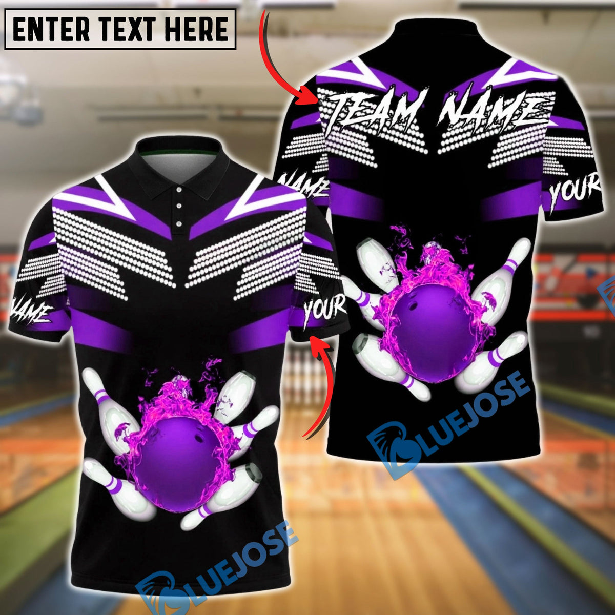 BlueJose Bowling & Pins Fire Ball Strike Black Customized Name, Team Name 3D Shirt (4 Colors)