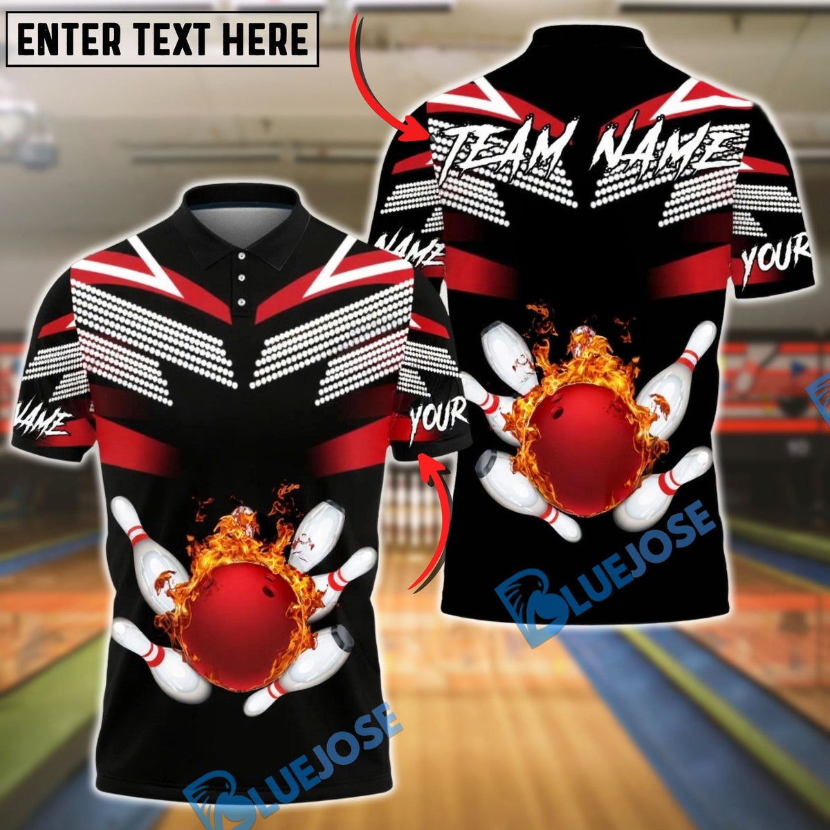 BlueJose Bowling &amp; Pins Fire Ball Strike Black Customized Name, Team Name 3D Shirt (4 Colors)