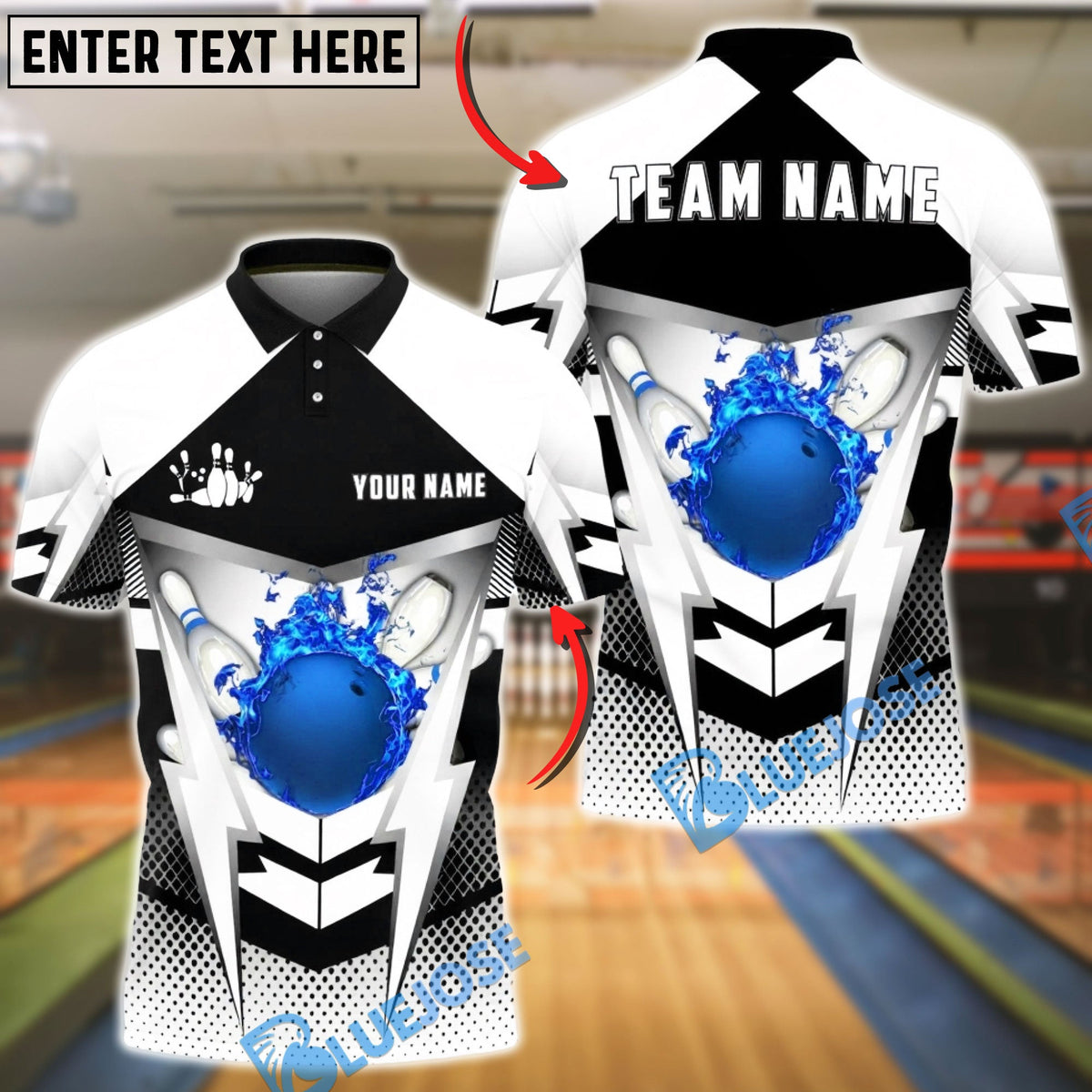 BlueJose Bowling & Pins Lightning Strike Fire Ball Graphic Customized Name, Team Name 3D Shirt (4 Colors)
