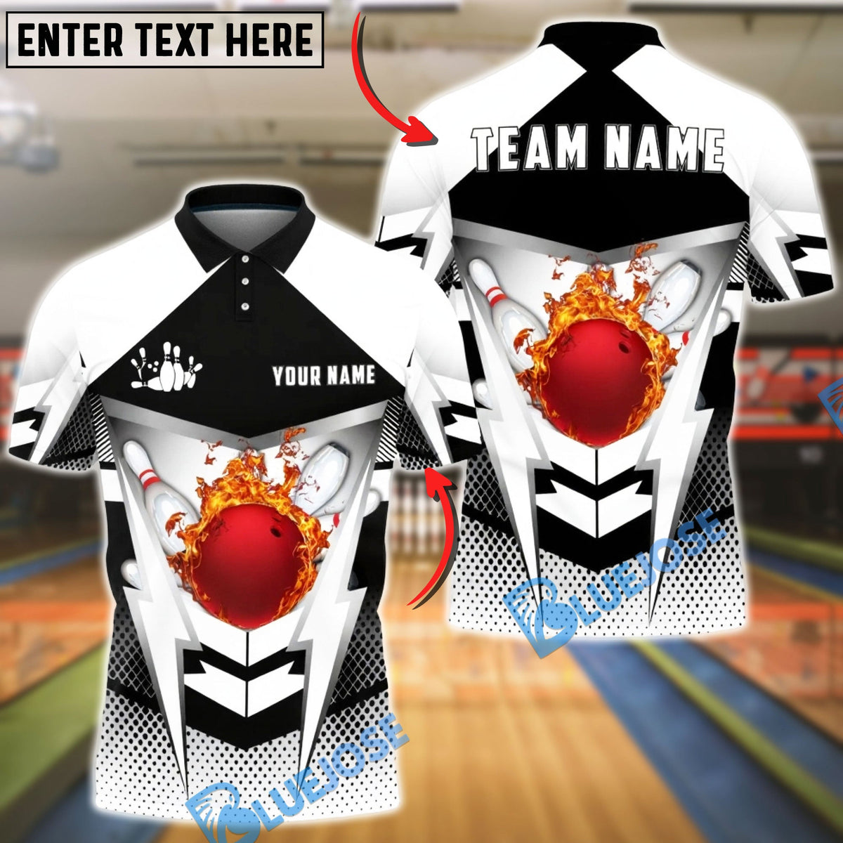 BlueJose Bowling &amp; Pins Lightning Strike Fire Ball Graphic Customized Name, Team Name 3D Shirt (4 Colors)